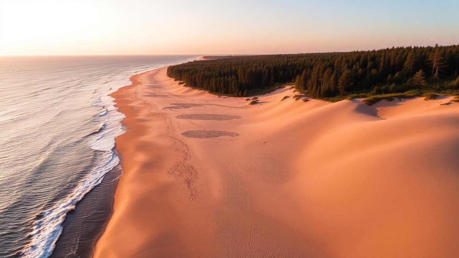 Widok z drona na plażę Bałtyku z wydmami o wschodzie słońca — strefy DRA-P latem 2026