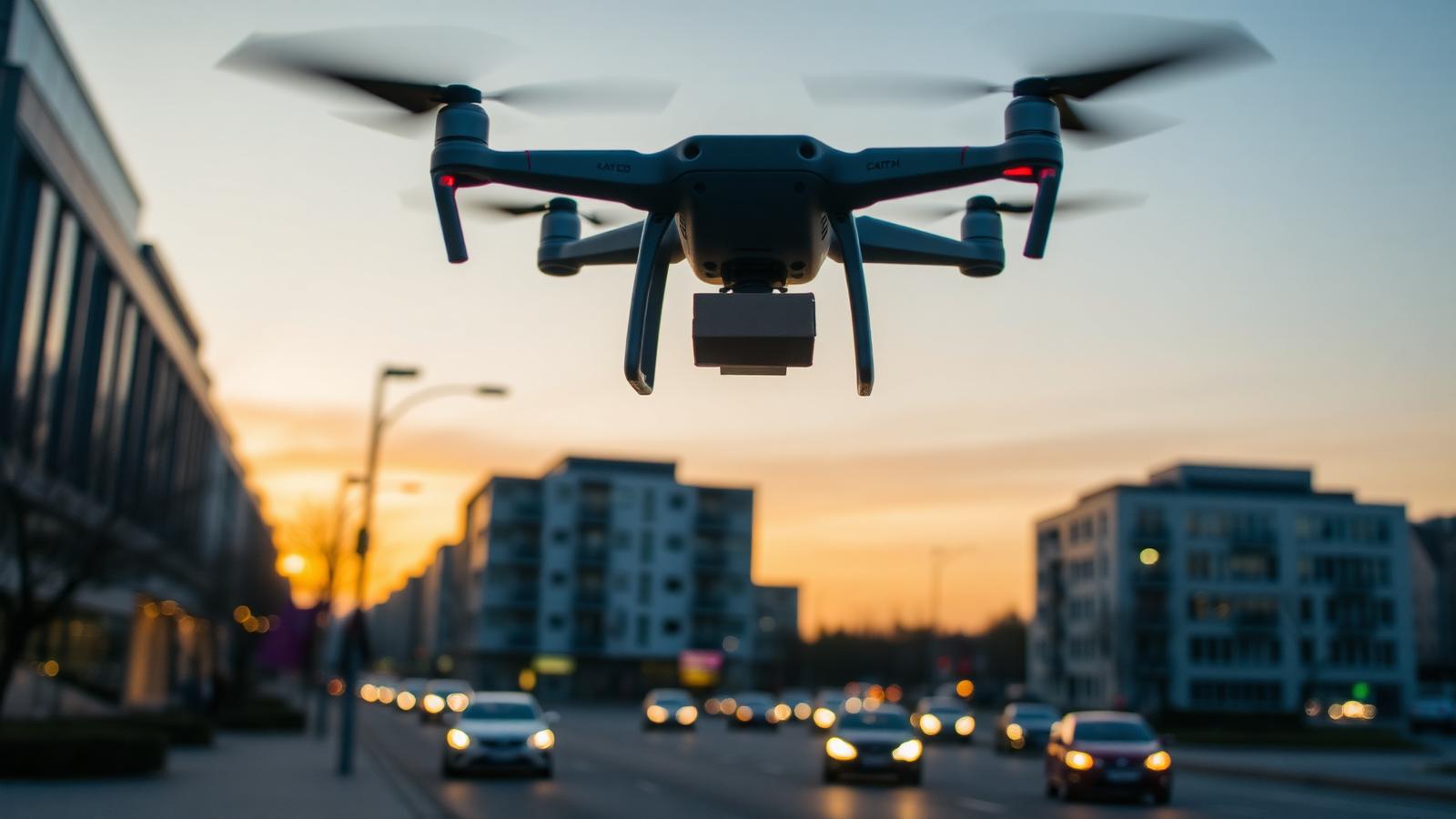 Dron dostawczy z paczką nad ulicą polskiego miasta o zmierzchu — korytarze BVLOS 2026