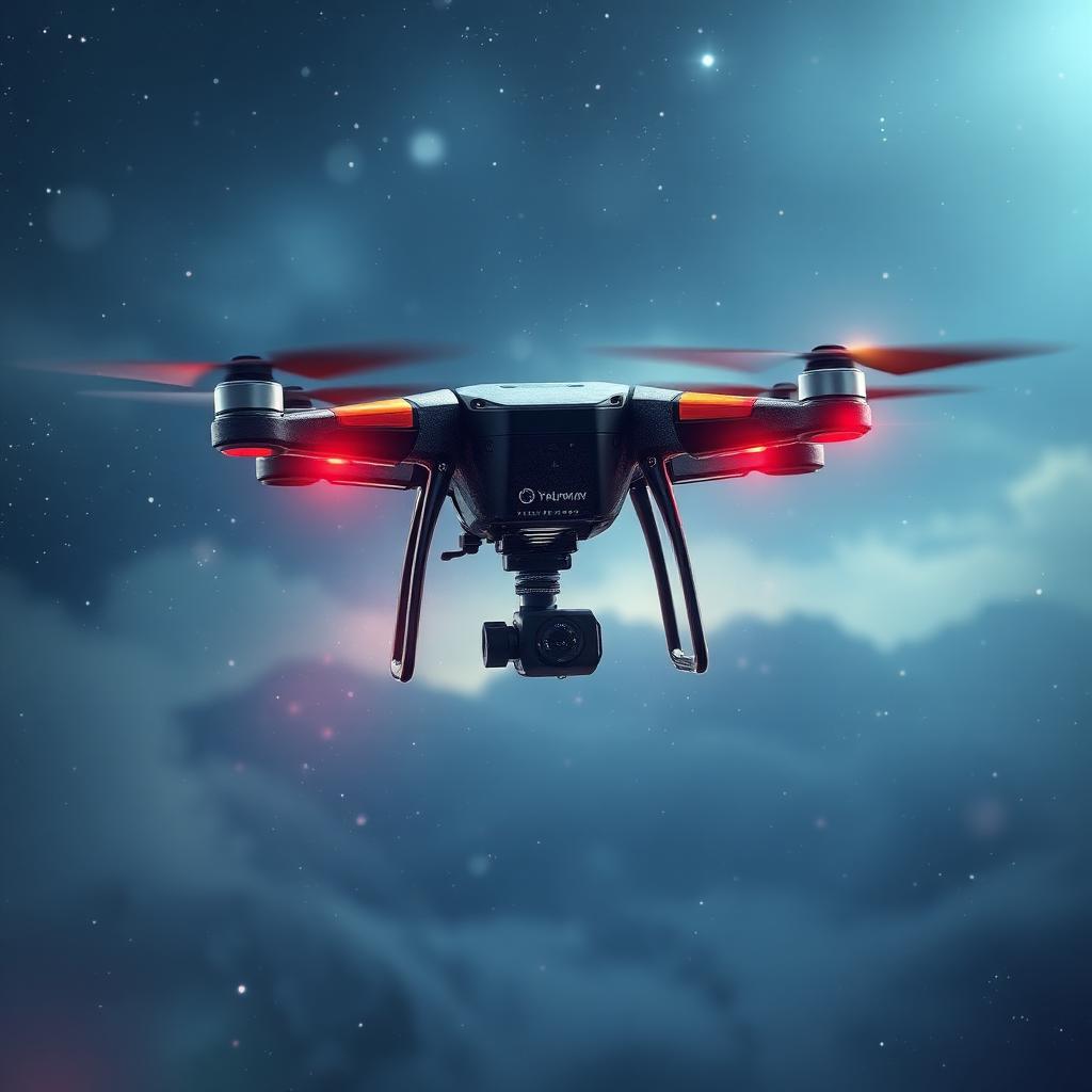 Dron konsumencki dryfujący samotnie na tle chmur — flyaway drona