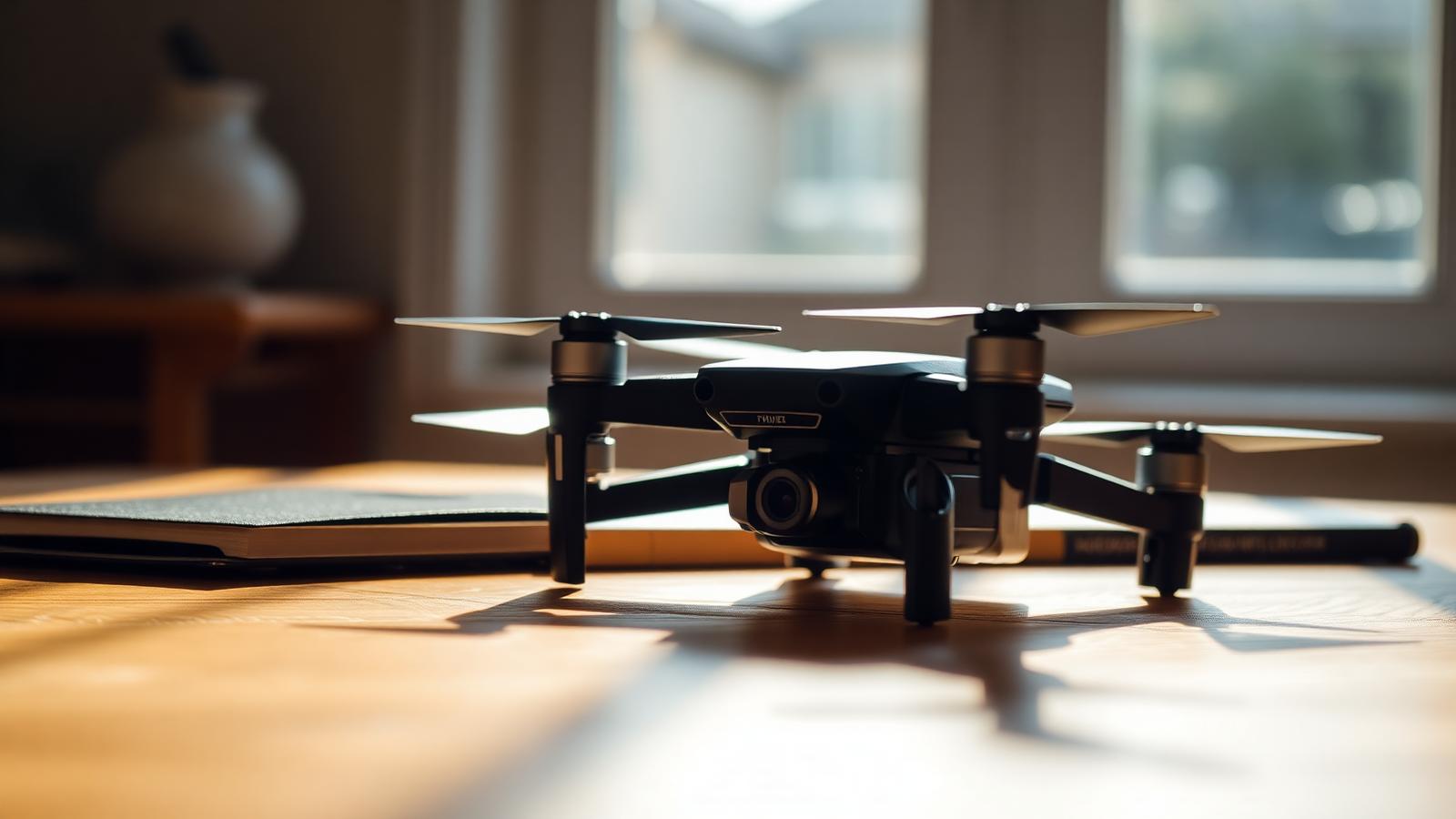 Składany dron podróżny sub-250 gram na drewnianym biurku — test DJI Mini 5 Pro