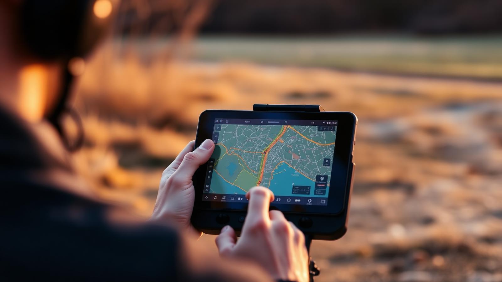 Ręce pilota trzymające kontroler drona z tabletem pokazującym mapę stref — Remote ID w Polsce